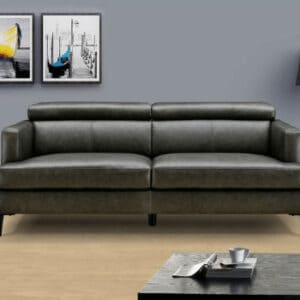 Canapé en cuir noir moderne dans salon élégant.