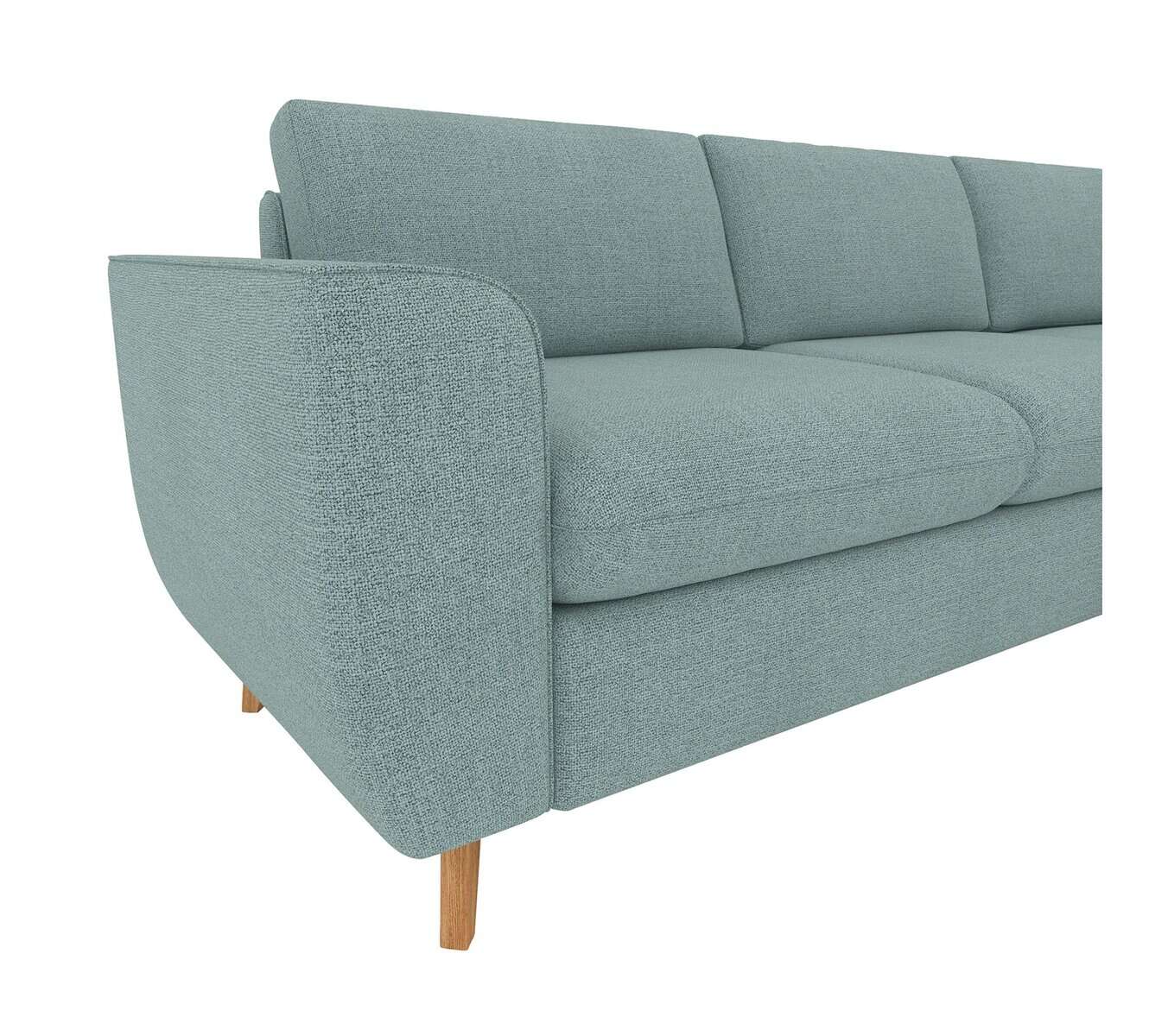 Canapé design bleu clair avec pieds en bois.