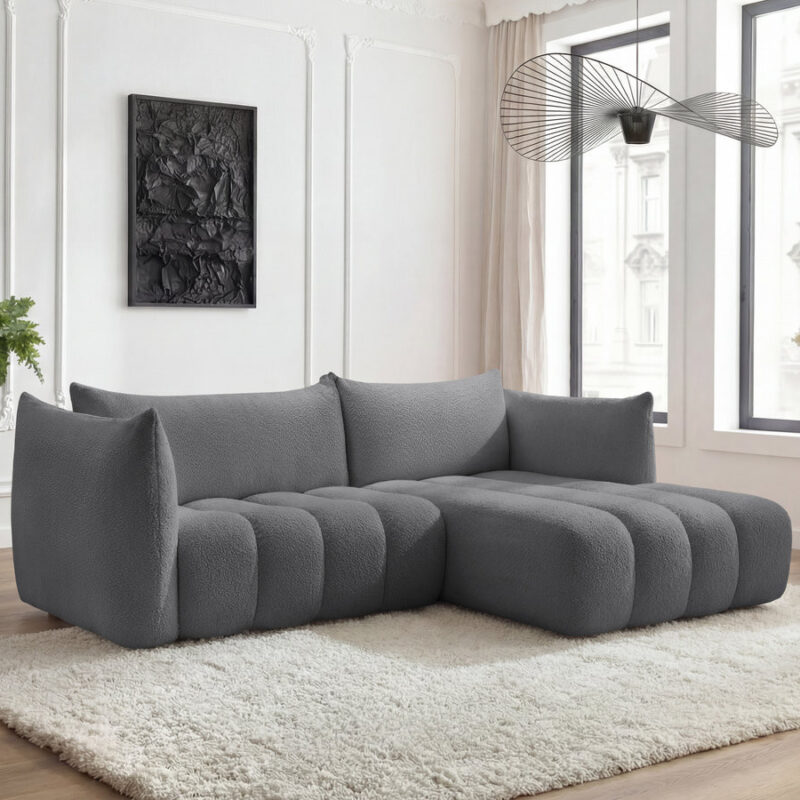 Canapé Azra d’Angle Fixe Bouclette Gris Foncé BoboChic 3 Places