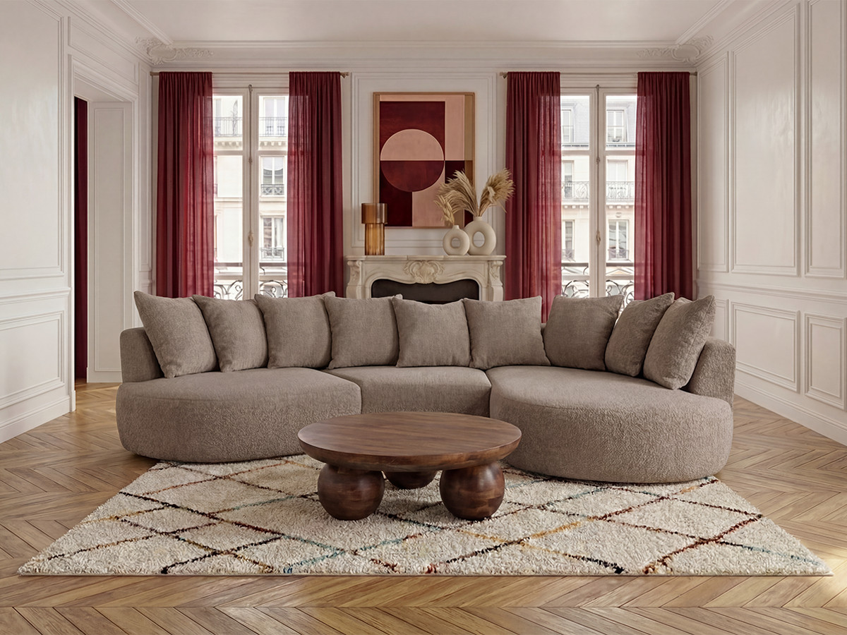 Canapé Calypso d'Angle 6 Places Tissu Bouclette Taupe BoboChic