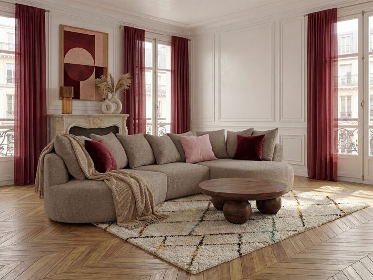 Canapé Calypso d'Angle 6 Places Tissu Bouclette Taupe BoboChic