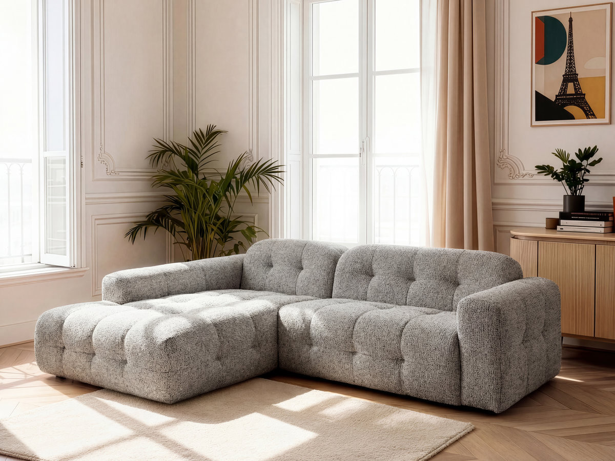 Canapé Laura d’Angle Fixe Tissu Chiné Taupe BoboChic 3 Places