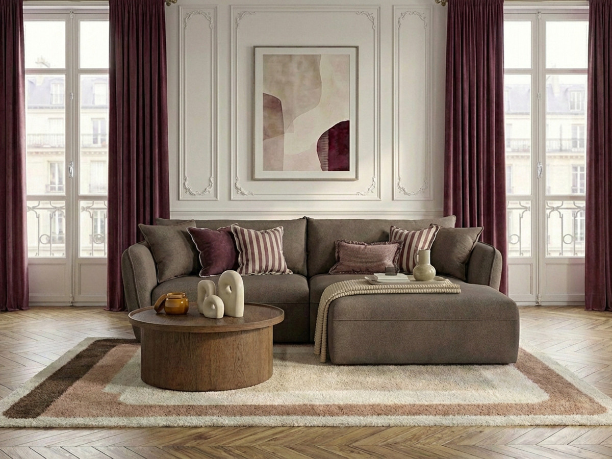 Canapé Luigi d’Angle Fixe Tissu Lisse Taupe BoboChic 3 Places