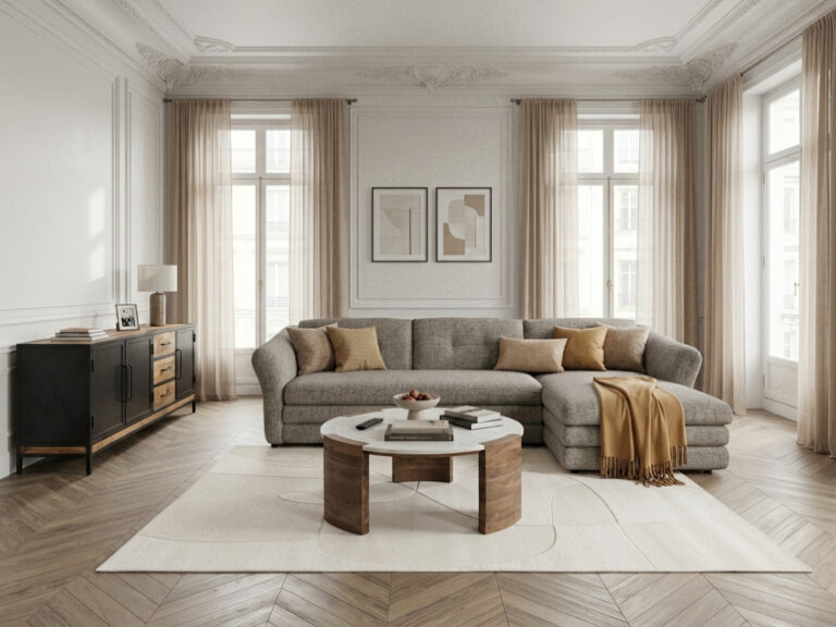 Canapé Marble d'Angle Fixe 4 Places Tissu Chiné Taupe BoboChic