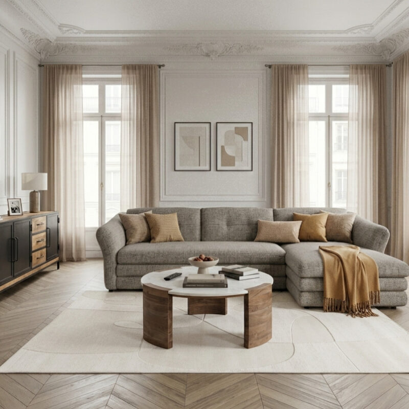 Canapé Marble d'Angle Fixe 4 Places Tissu Chiné Taupe BoboChic