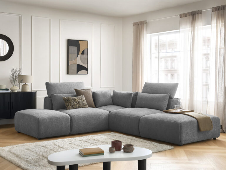 Canapé Jana d’Angle Modulable Têtières Tissu Texturé Gris BoboChic