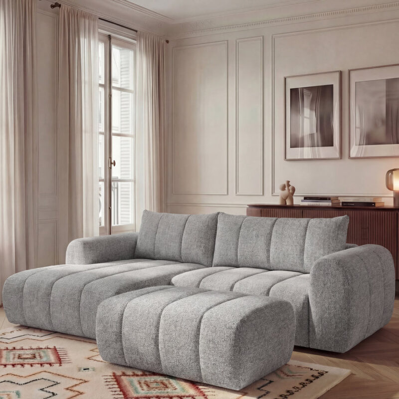 Canapé Nesty d’Angle Fixe Tissu Chiné Gris Clair BoboChic 3 Places