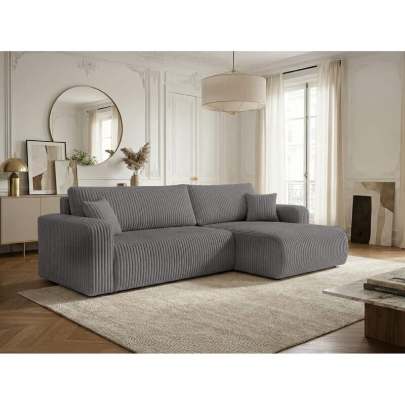 Canapé Alya d’Angle Réversible Convertible 5 Places Velours Gris Maisons du Monde