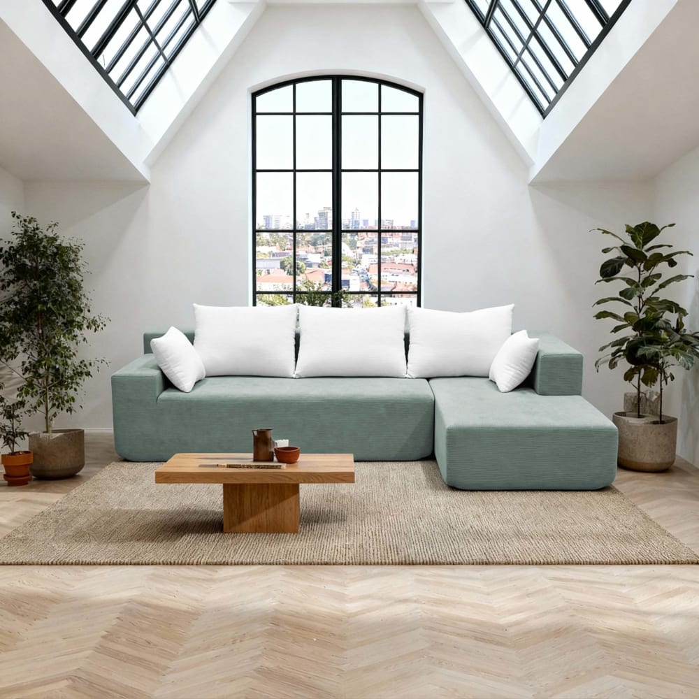 Canapé Luna 3 Places Velours Côtelé Sauge et Blanc Maisons du Monde