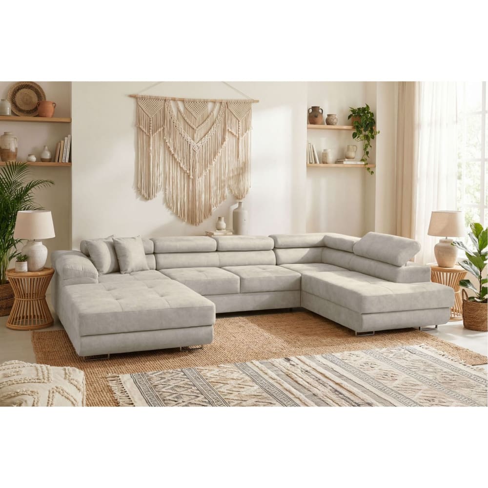 Canapé Flavio Panoramique 6 Places Convertible Tissu Gris Clair Maisons du Monde