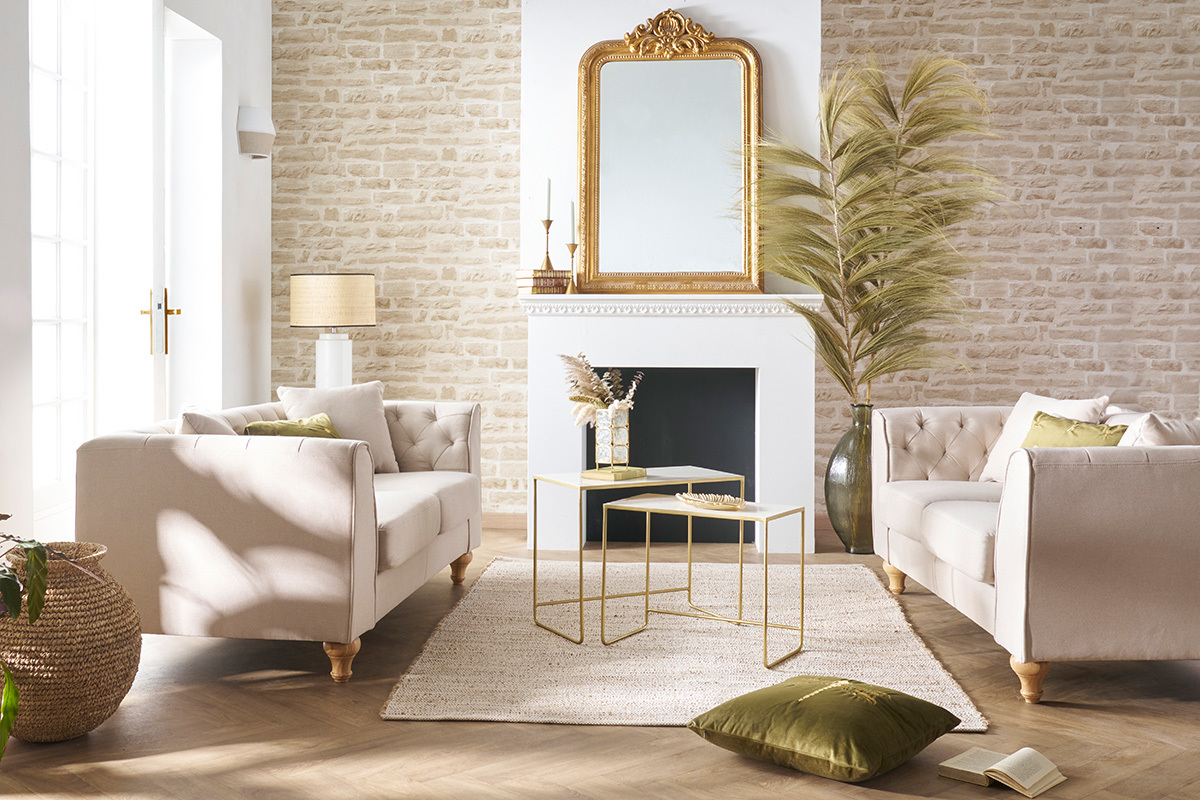 Canapé Montaigne 2 Places Tissu lisse Beige Miliboo