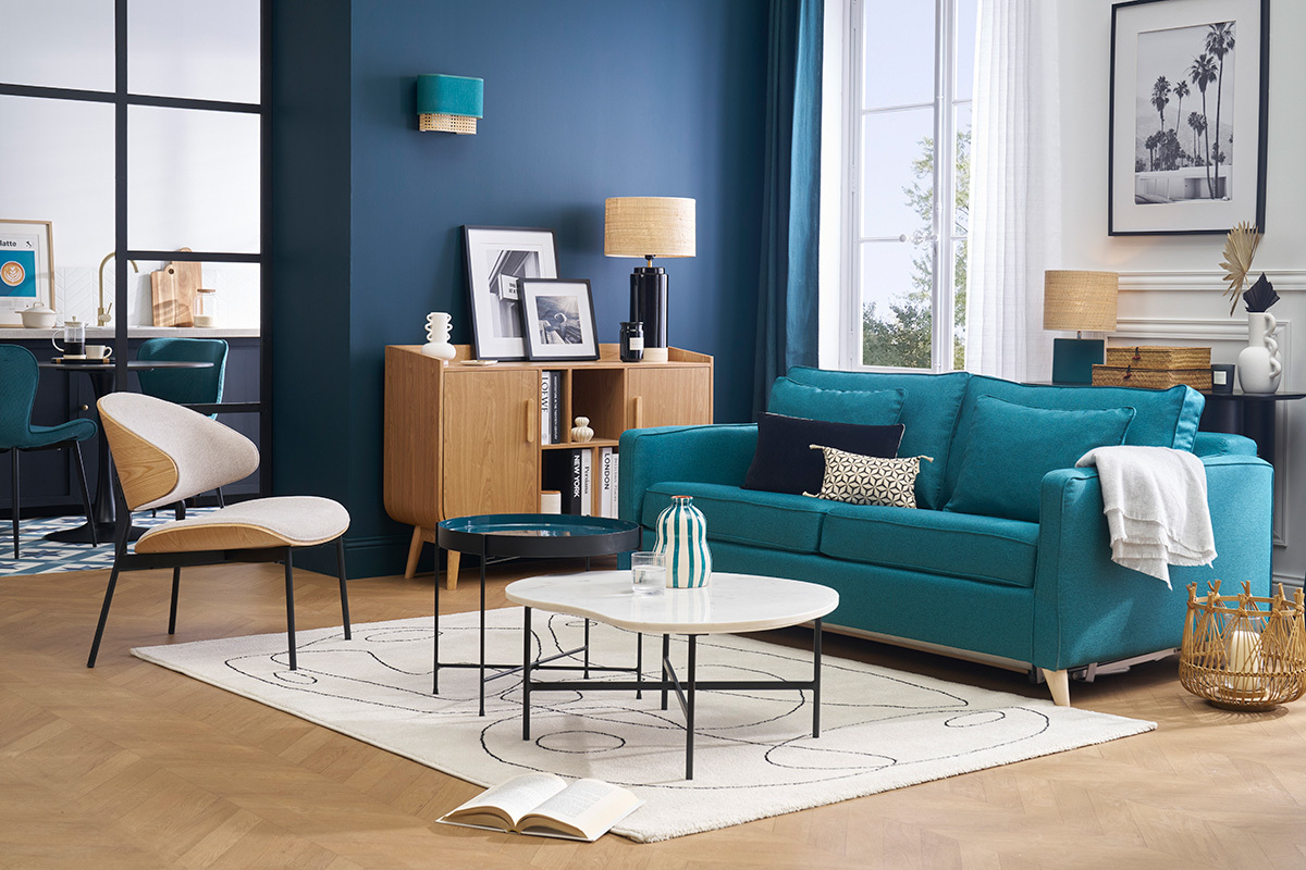 Canapé Papel Convertible 3 Places Tissu lisse Bleu Miliboo