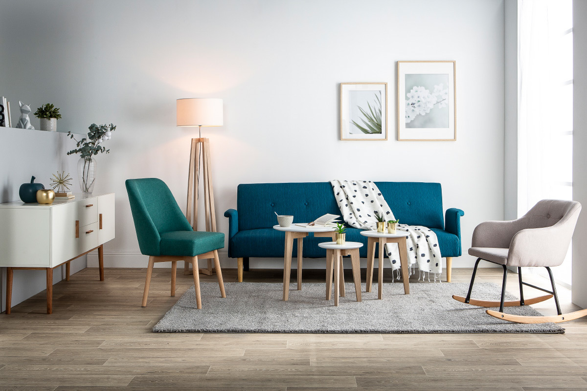 Canapé Oscar Convertible 3 Places Tissu lisse Bleu Miliboo
