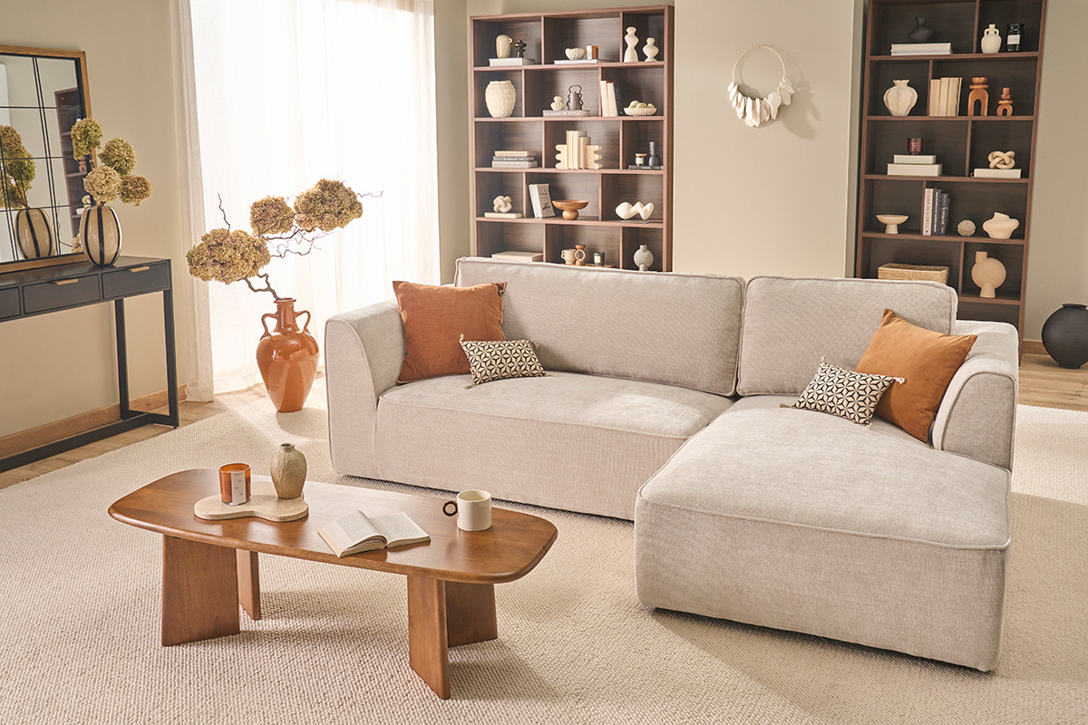 Canapé Grammy d'Angle 3 Places Velours Beige Miliboo