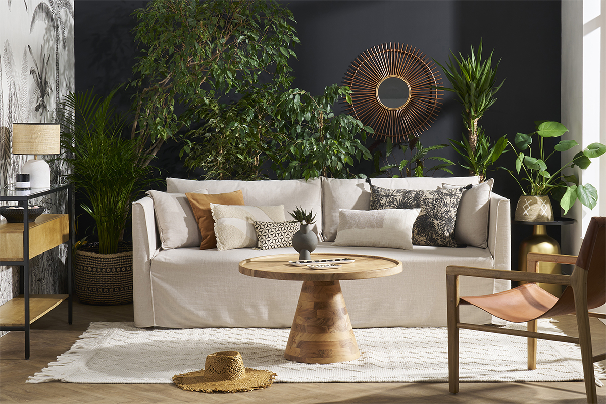 Canapé Adele 5 Places Tissu lisse Beige Miliboo