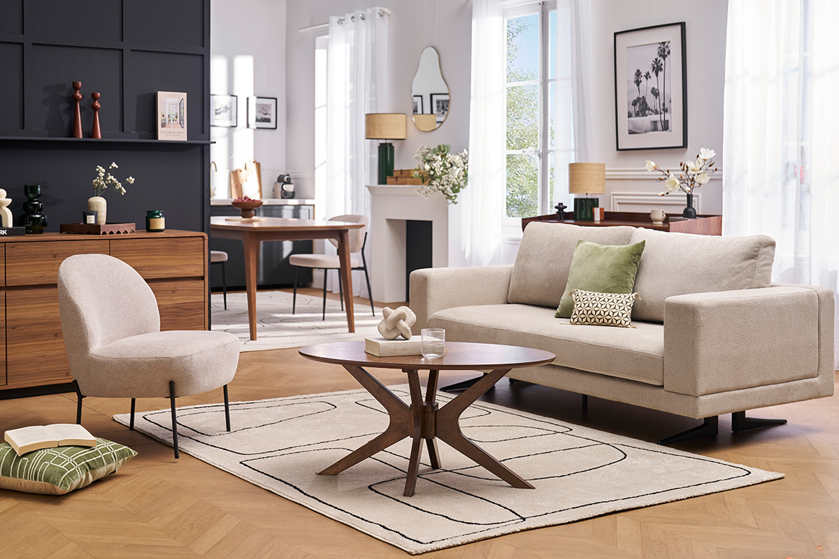 Canapé Lennon 3 Places Tissu texturé Beige Miliboo