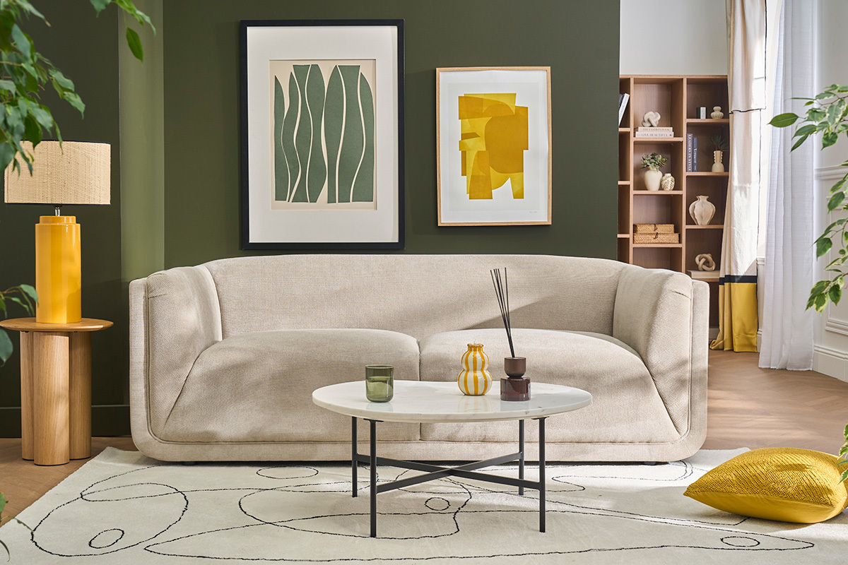 Canapé Hosbo 3 Places Tissu texturé Beige Miliboo