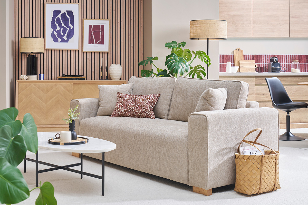 Canapé Pepper 3 Places Velours Beige Miliboo