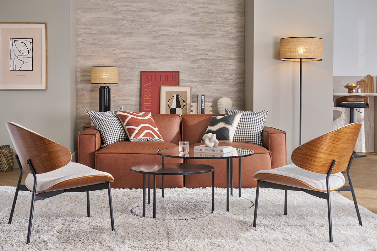 Canapé Split Convertible 3 Places Cuir Marron Miliboo