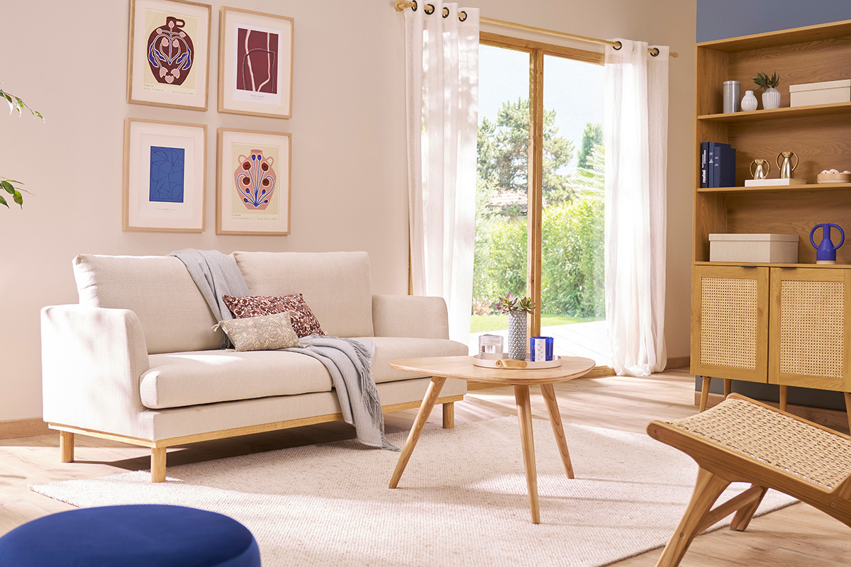 Canapé Hobart 3 Places Tissu lisse Beige Miliboo