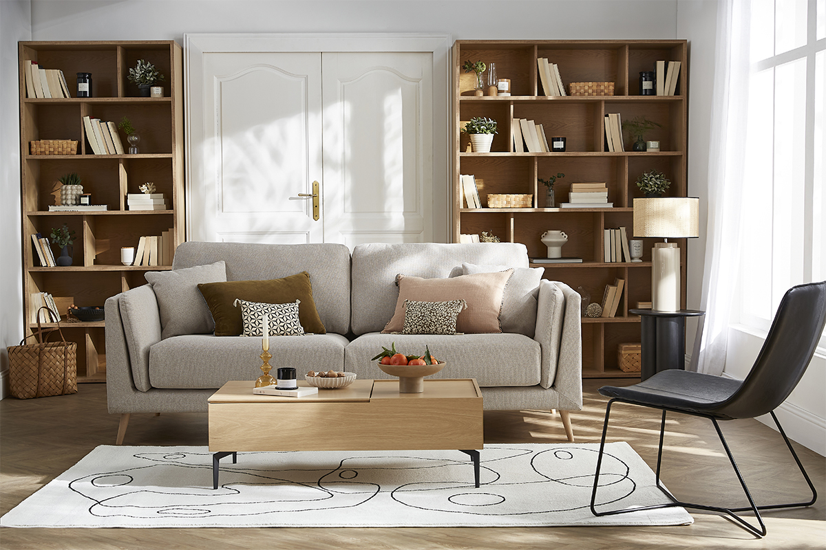 Canapé Vogue 3 Places Tissu lisse Beige Miliboo