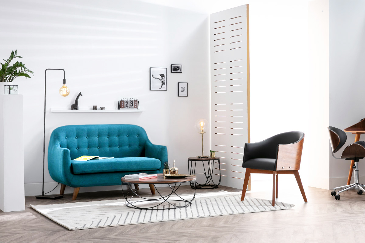 Canapé Ynok 2 Places Tissu lisse Bleu Miliboo