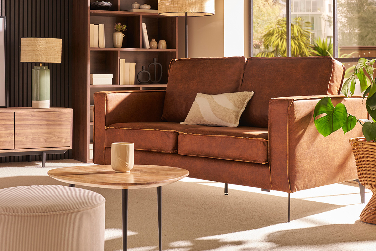 Canapé Sonny 3 Places Cuir Marron Miliboo