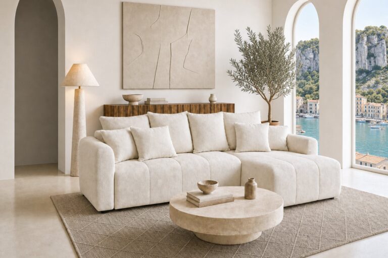 Canapé d'Angle Convertible Cassis 3 Places Tissu Chenille Beige Casanova Paris