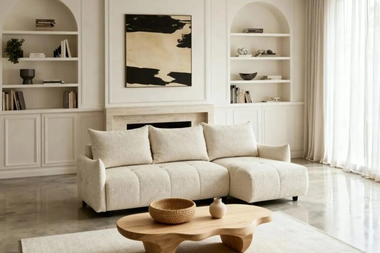 Canapé d'Angle Convertible Celine 4 Places Tissu Chenille Beige Casanova Paris