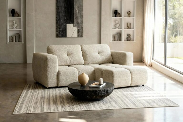Canapé d'Angle Convertible Romy 2 Places Tissu Chenille Beige Casanova Paris