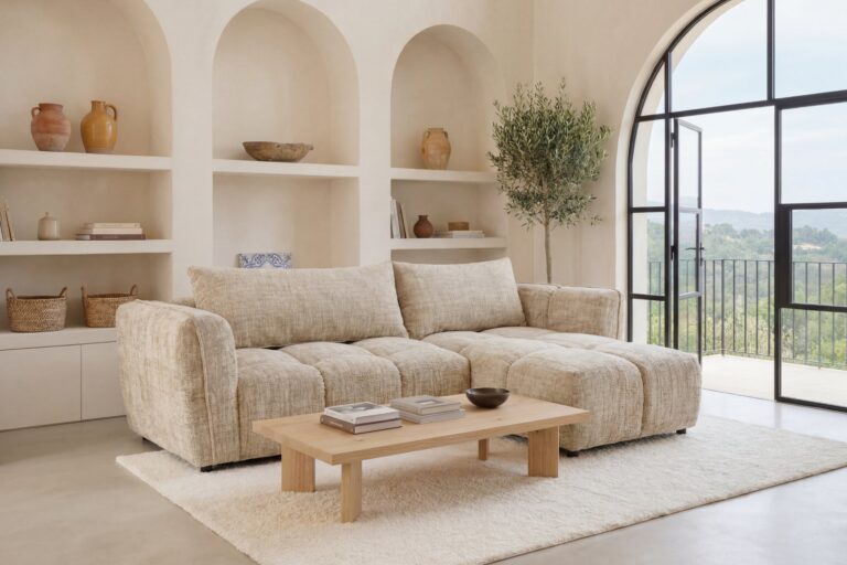 Canapé d'Angle Convertible Sintra 3 Places Tissu Chenille Beige Casanova Paris