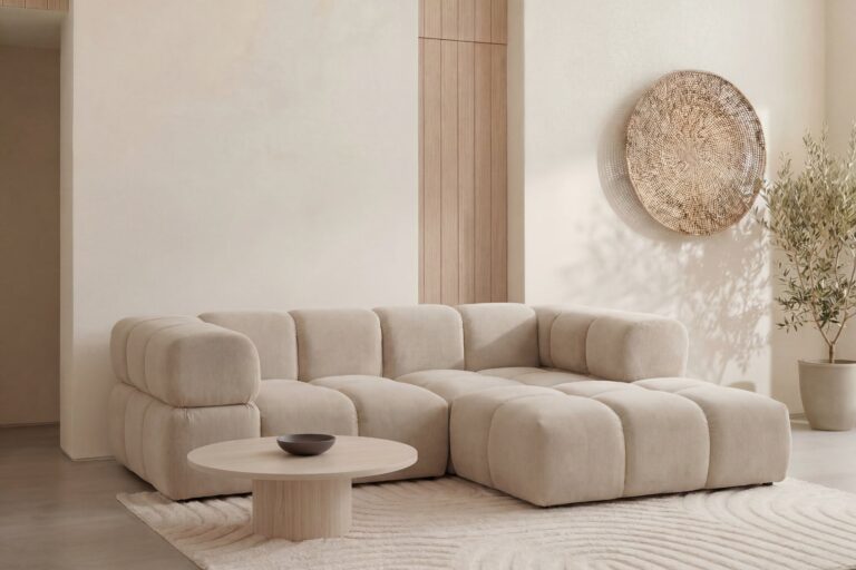 Canapé d'Angle Gustave 4 Places Tissu Velours Beige Casanova Paris